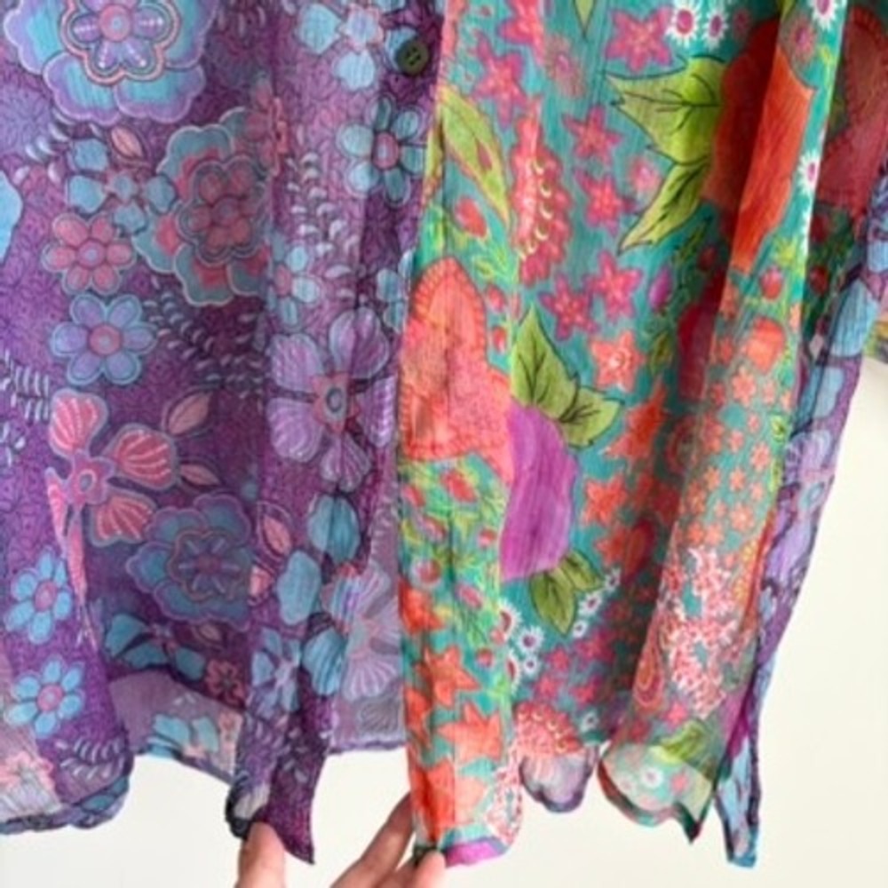 Pyramid Collection Floral Sheer Chiffon Tunic Top 2X Boho Button Up Colorful - Picture 5 of 9